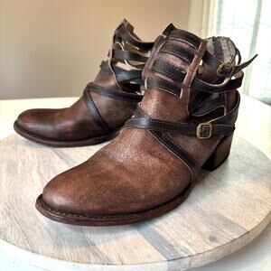 Freebird Stair Booties Size 10 Brown Leather Strappy Harness Western Ankle Boots